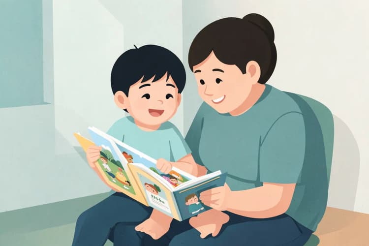Ilustração de uma criança pequena sentada no colo de um adulto, ambos sorrindo enquanto leem um livro aberto com figuras coloridas.