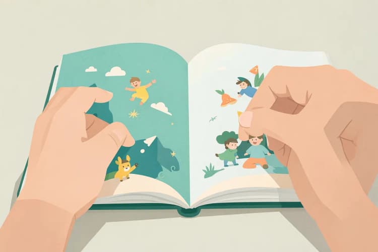 Mãos de adulto folheando um livro infantil com ilustrações vibrantes, mostrando a diversidade de temas e personagens.