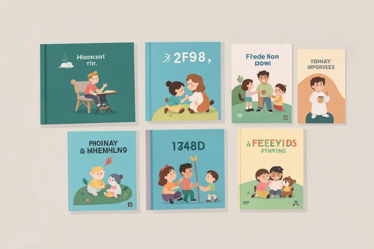 Montagem de capas de 7 livros infantis diferentes, cada um com um título e ilustração única, sugerindo variedade de histórias.