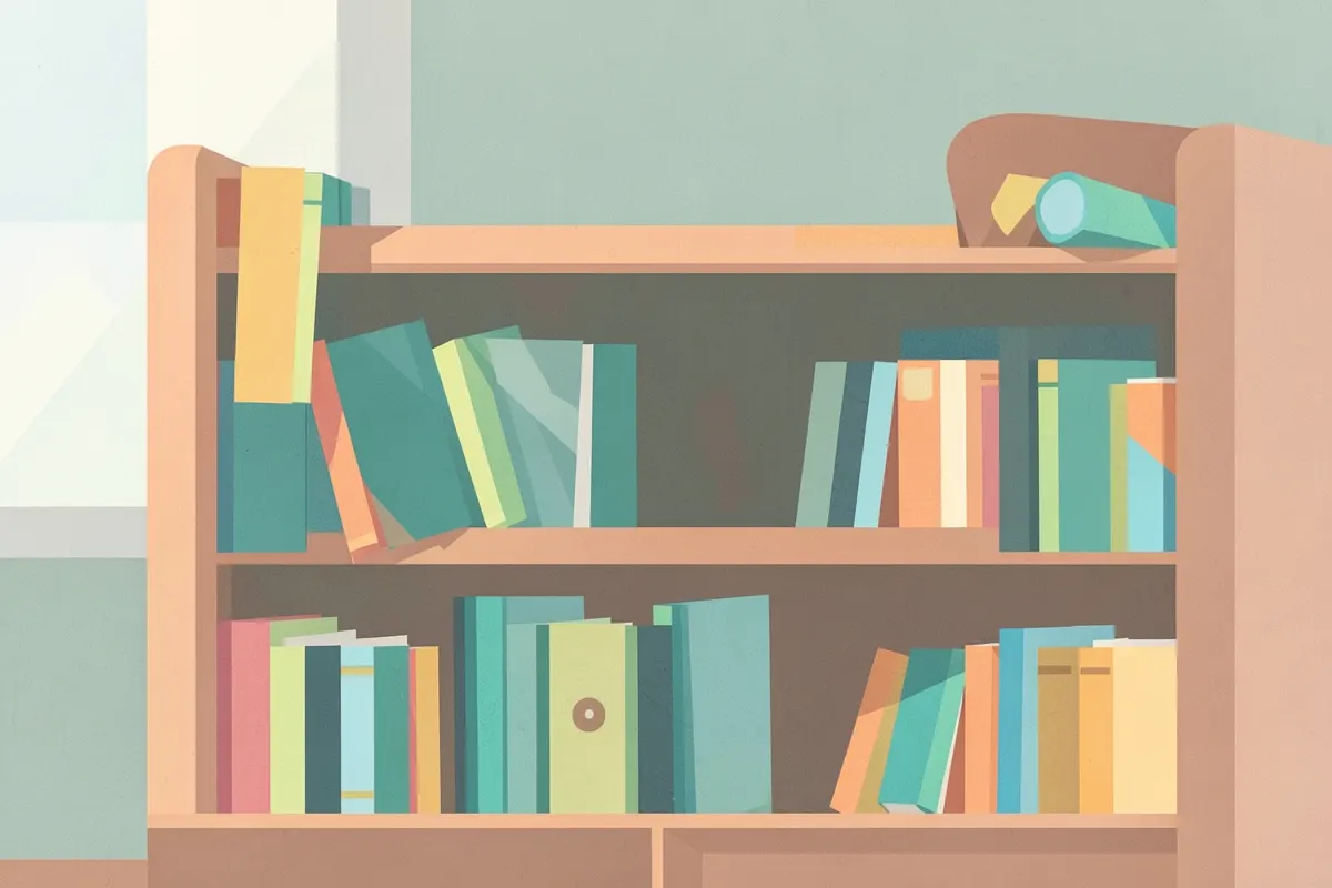 Estante de livros infantis coloridos em uma biblioteca ou quarto de criança, com alguns livros abertos e outros fechados, convidando à exploração.