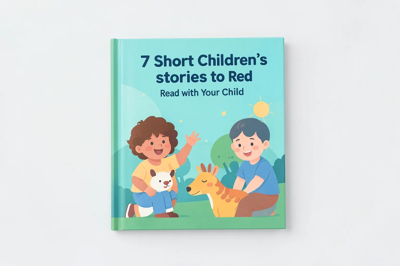 Capa de livro infantil com o título "7 historinhas infantis curtas para ler com seu filho" e ilustrações coloridas de crianças e animais brincando em um cenário lúdico.