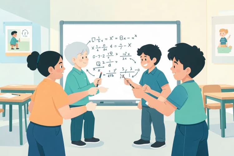 Crianças trabalhando juntas para resolver um problema de matemática em um quadro branco.