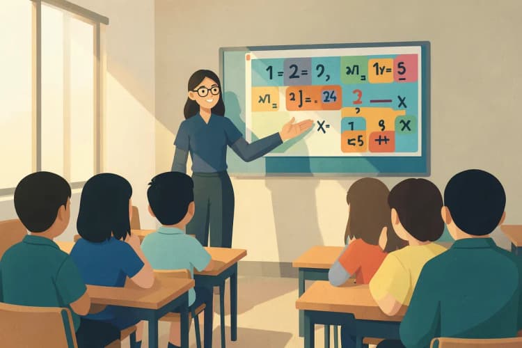 Um professor explicando um conceito matemático para um grupo de alunos atentos em uma sala de aula.