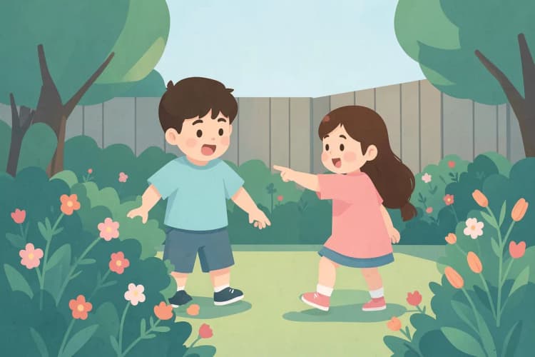 Crianças procurando pistas escondidas em um jardim para resolver um problema de matemática.