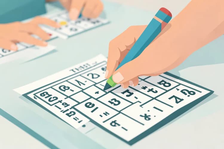 Crianças marcando cartelas em um jogo de bingo com números e operações matemáticas.