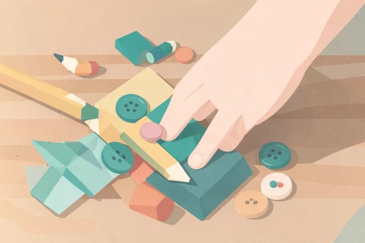 Crianças contando objetos do cotidiano, como lápis e botões, para aprender matemática.