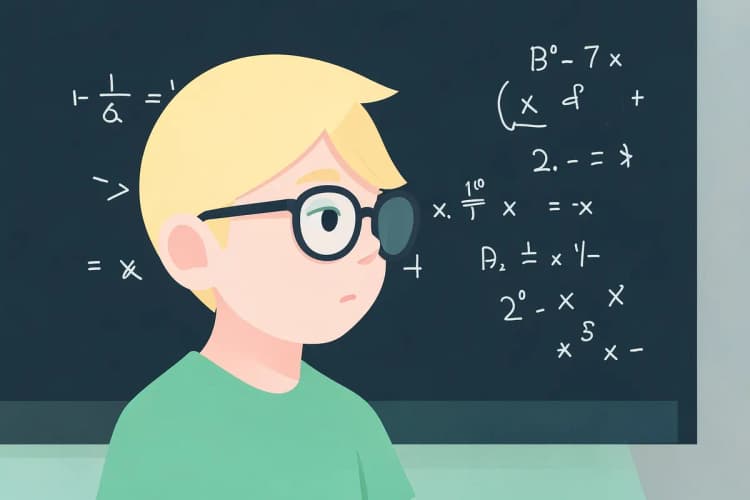 Seção 1: Criança pensativa olhando para um quadro com números e símbolos matemáticos.