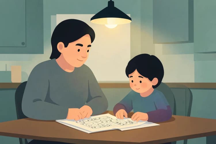 Seção 3: Pai ou mãe observando atentamente o filho resolver um exercício de matemática.