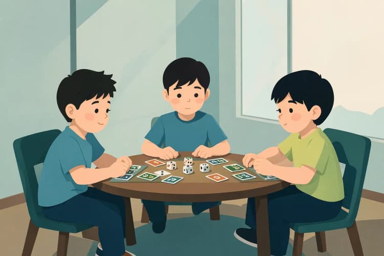 Seção 5: Crianças rindo enquanto jogam um jogo de tabuleiro com temática de matemática.