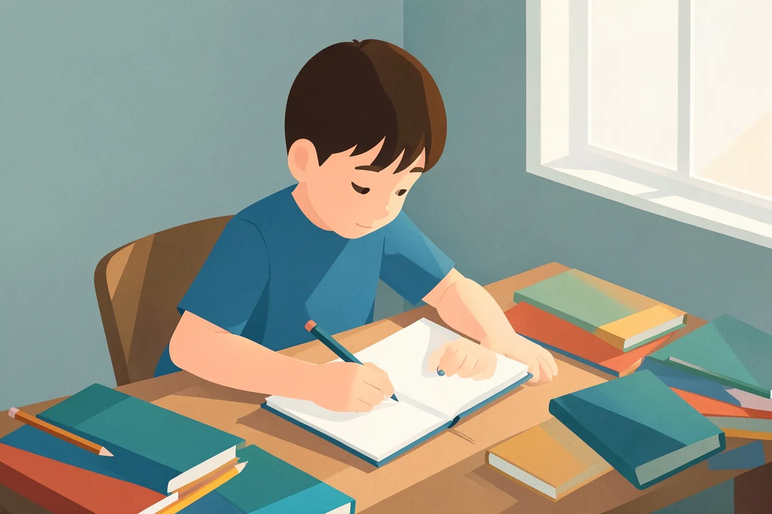 Capa: Criança de 10 anos concentrada resolvendo um problema de matemática em casa, com livros e lápis sobre a mesa.