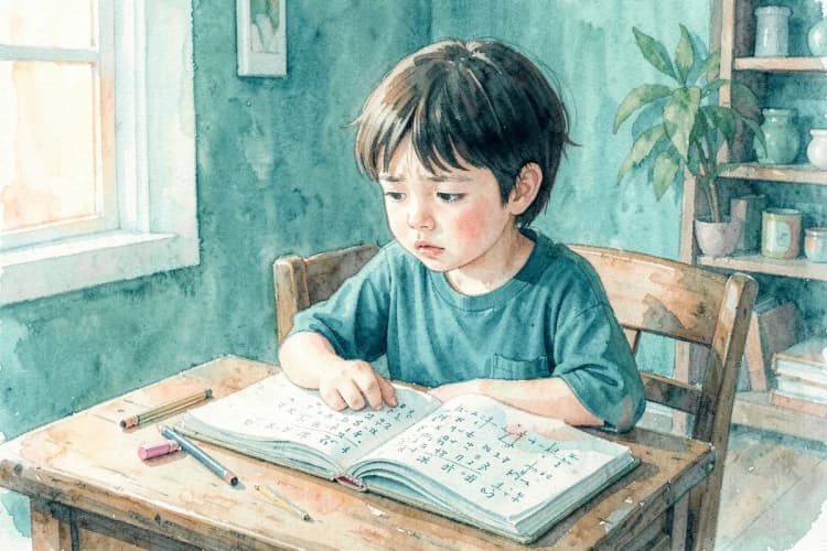 Criança de 8 anos com expressão confusa olhando para um caderno de matemática com números e símbolos, sentada em uma mesa de madeira com lápis e borracha, luz suave vinda da janela lateral, plano médio.