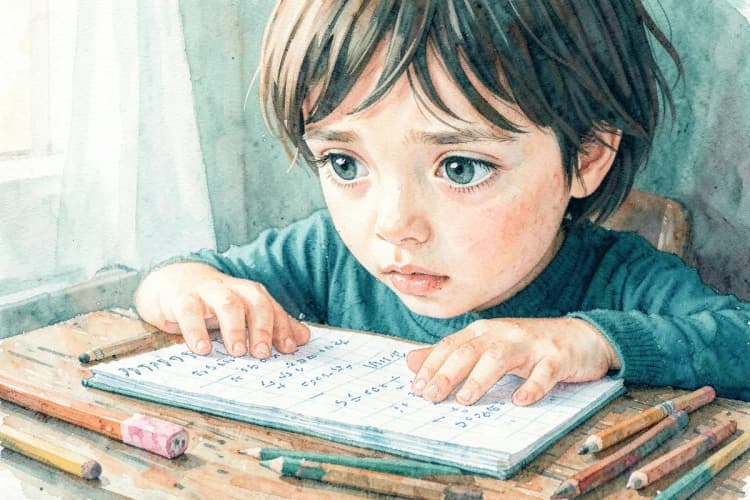 Criança de 8 anos com expressão confusa olhando para um caderno de matemática com números e símbolos, sentada em uma mesa de madeira com lápis e borracha, luz suave vinda da janela lateral, plano médio.