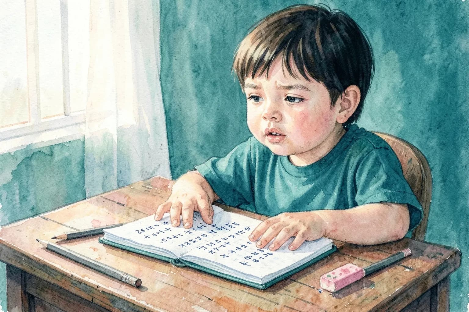 Criança de 8 anos com expressão confusa olhando para um caderno de matemática com números e símbolos, sentada em uma mesa de madeira com lápis e borracha, luz suave vinda da janela lateral, plano médio.